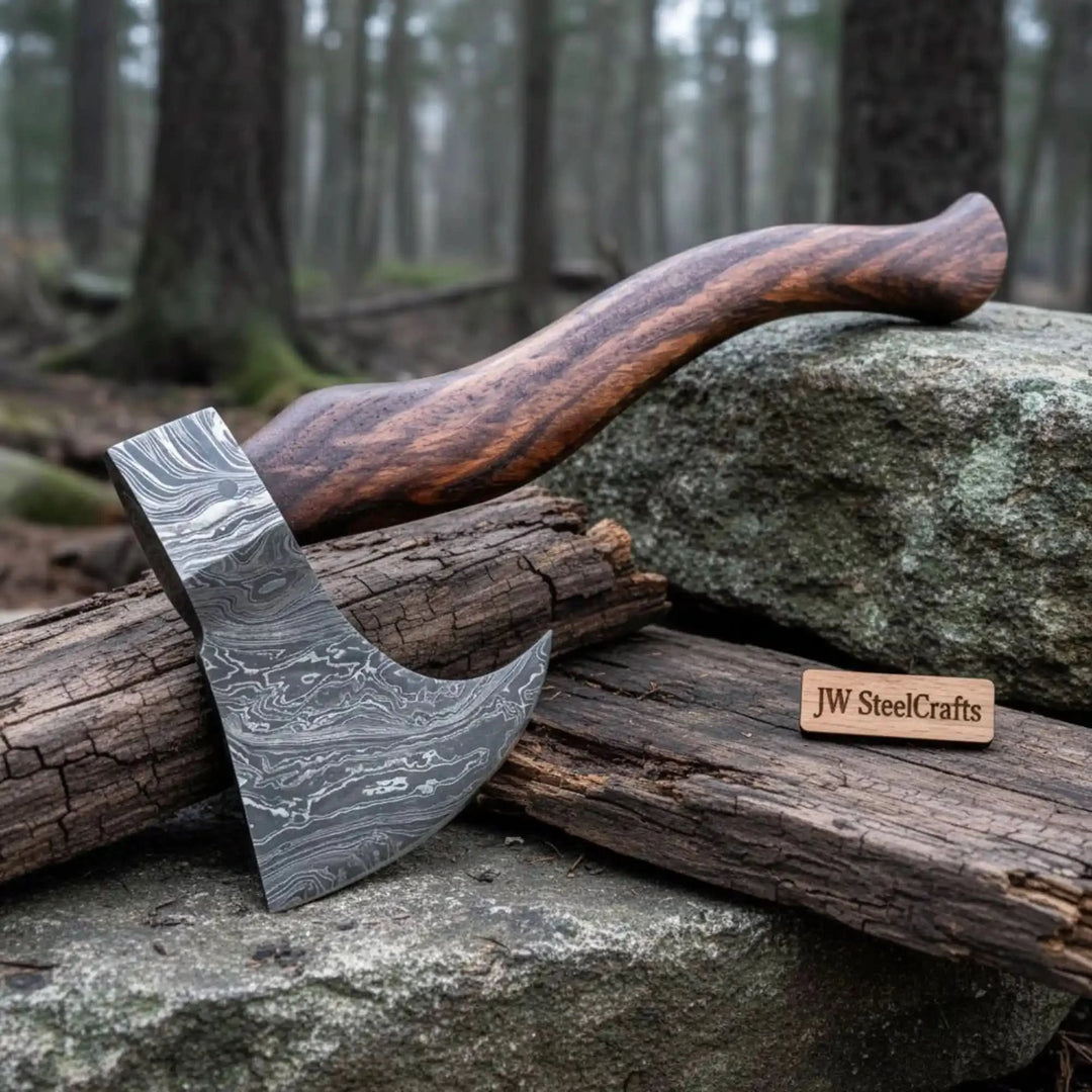     Hollowpine artisan Damascus survival hand axe with flowing hardwood handle and wide bearded blade in natural surroundings.