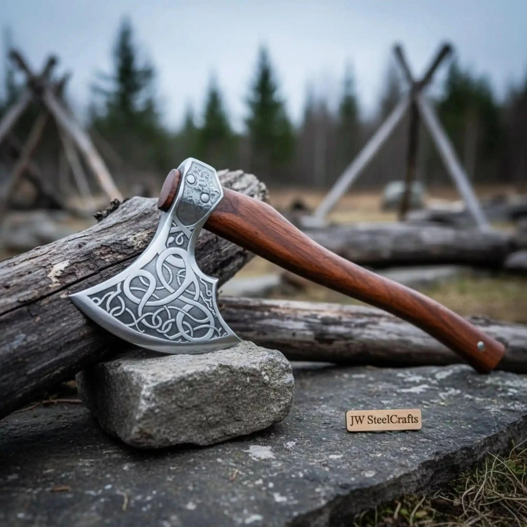     Forest-crafted Norse axe with decorative steelwork and curved wooden handle photographed outdoors.