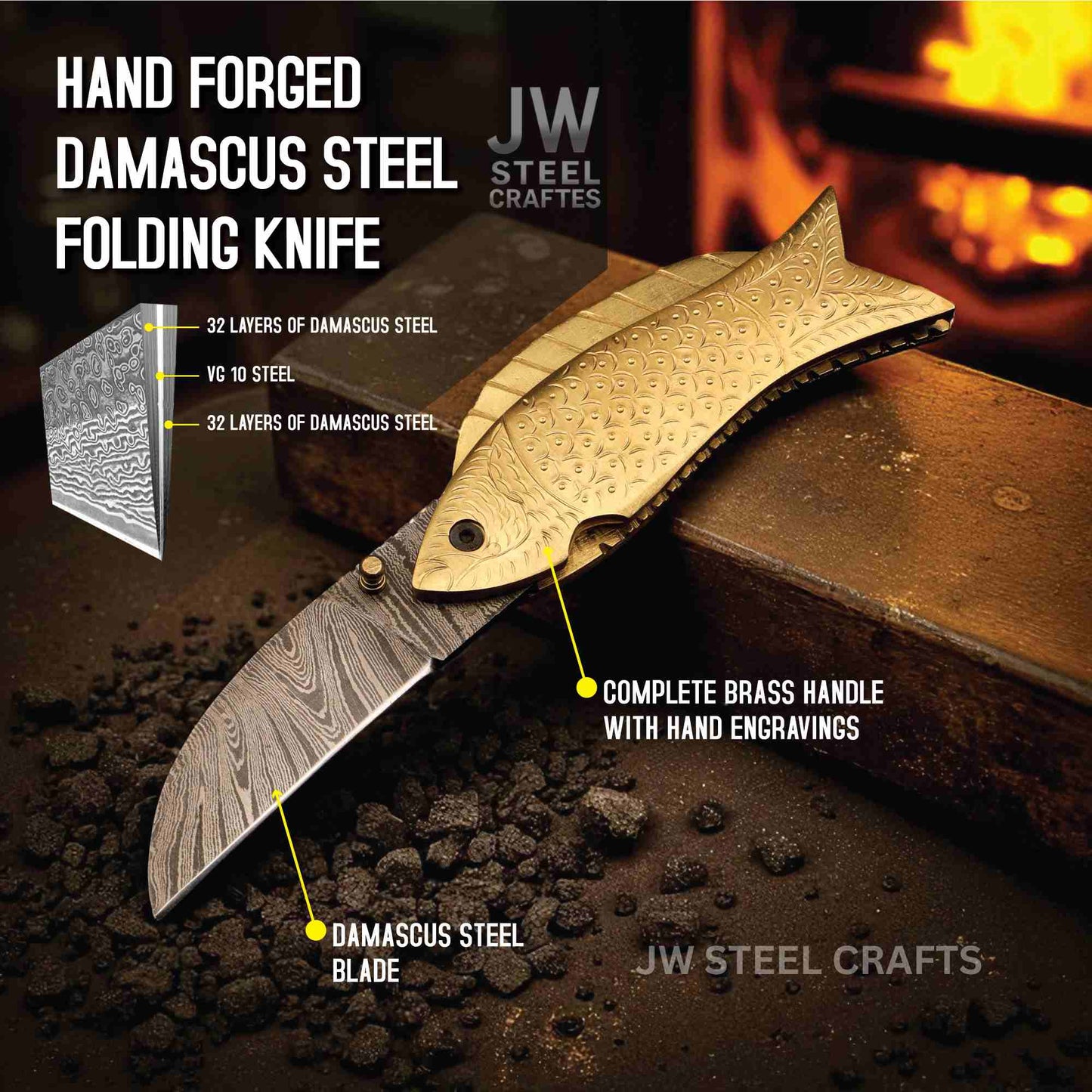 Hand forged Damascus steel folding knife with brass handle on a dark background, featuring JW Steel Crafts branding.