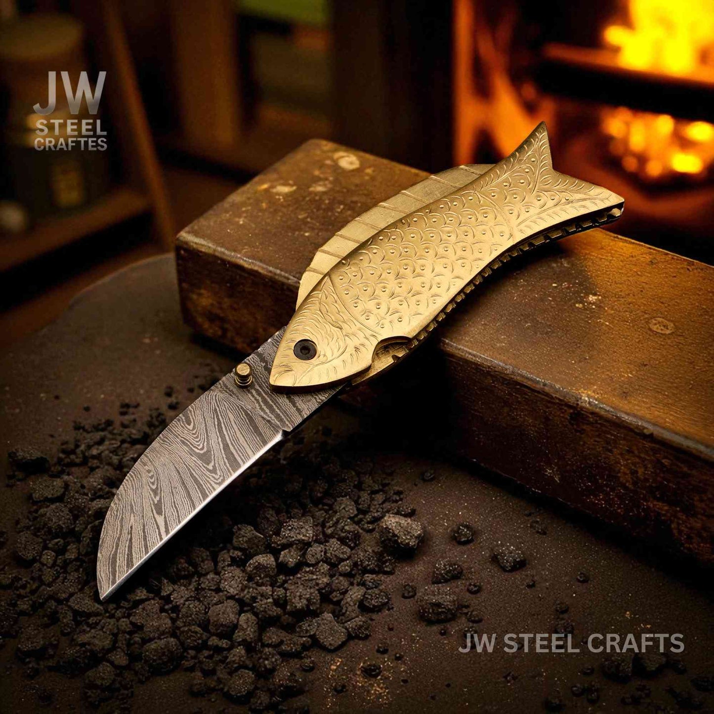Folding knife with fish-shaped handle on a dark surface, branded 'JW Steel Crafts'.
