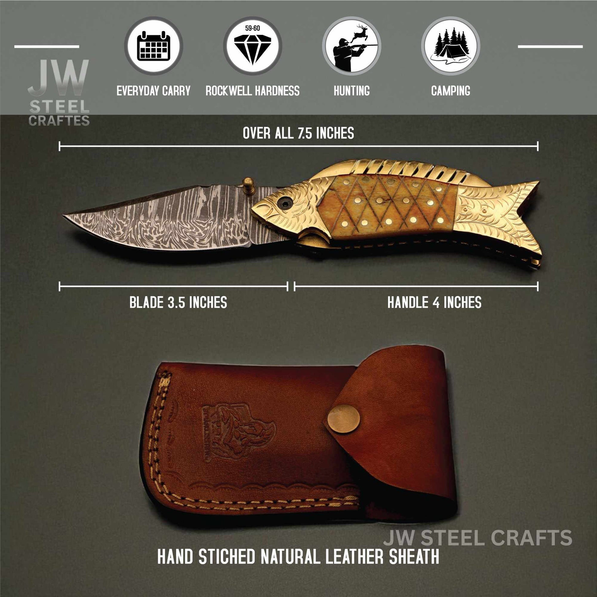 Fish-shaped knife with measurements and leather sheath on a gray background, featuring JW Steel Crafts branding.