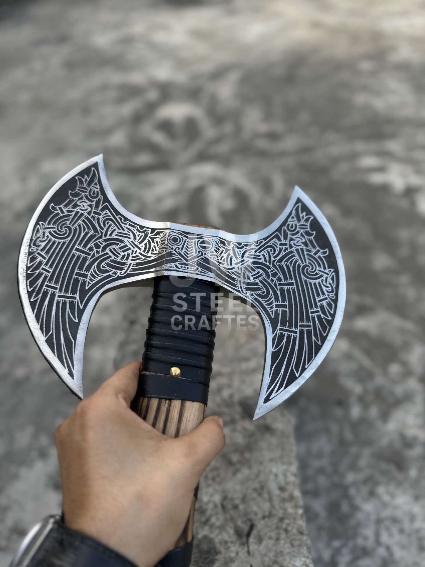 Hand Forged Double-Headed Viking Axe – Norse Engraved Battle Axe with Wooden Handle