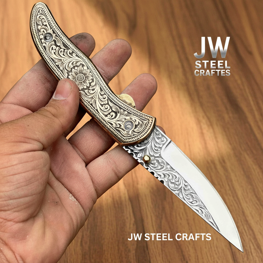 Hand-Engraved Brass Folding Knife | Floral Engraved Pocket Knife | Collector Gift by JW SteelCrafts