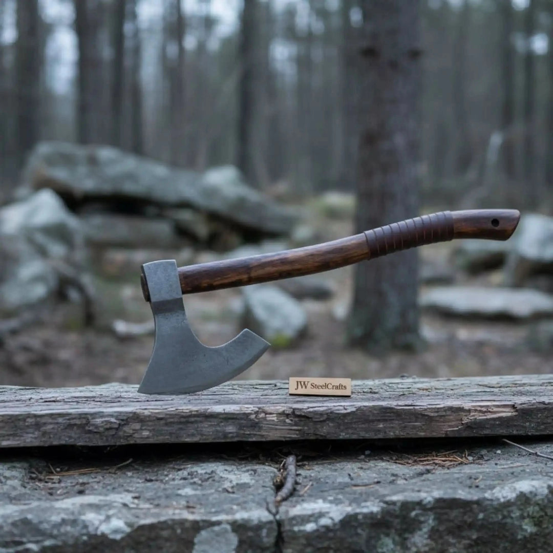     Classic woodland hand axe displayed beside weathered timber and rustic outdoor scenery.