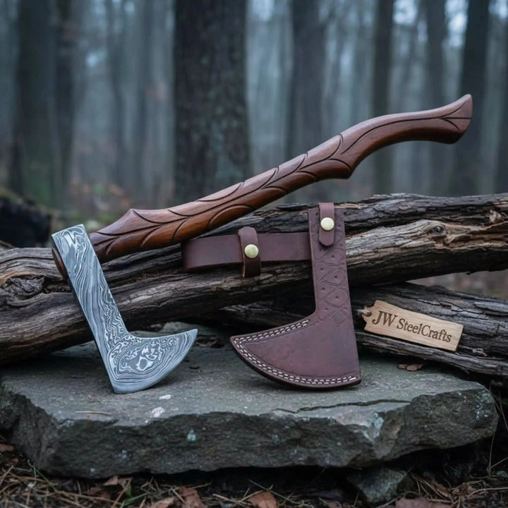     Artisan forged axe with decorative steel patterns and finely carved wooden grip in woodland setting.