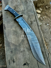 Load image into Gallery viewer, Custom Damascus hunting Bowie knife with ergonomic micarta handle, full tang blade, and leather sheath – perfect for collectors and outdoor use.