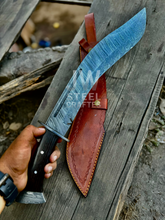 Load image into Gallery viewer, Custom Damascus hunting Bowie knife with ergonomic micarta handle, full tang blade, and leather sheath – perfect for collectors and outdoor use.
