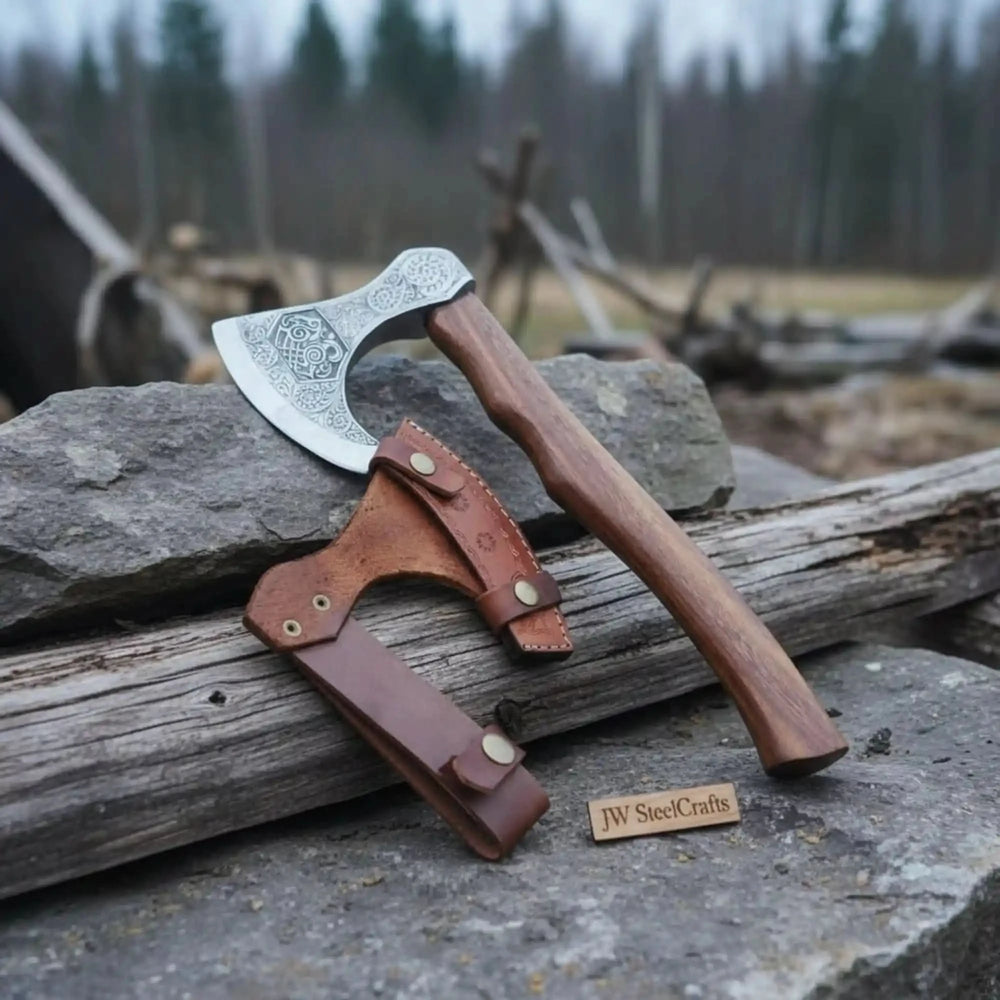    Handcrafted forest axe with polished wooden handle and detailed etched steel head on weathered timber.