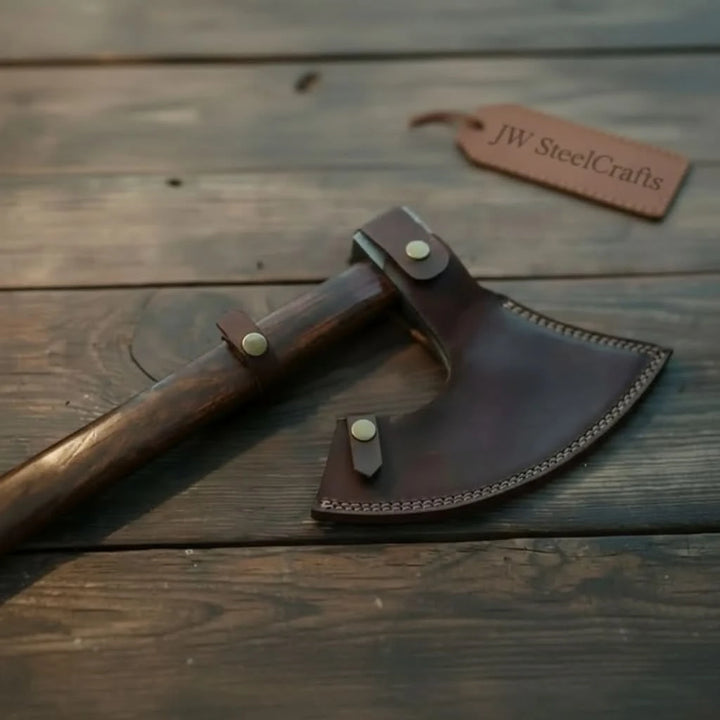     Premium leather axe protector with curved edge stitching and handcrafted rustic appearance.