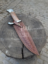 Load image into Gallery viewer, Hand-forged Damascus hunting knife with wooden handle and custom leather sheath
