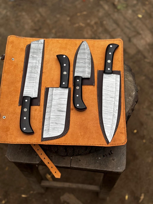 5-Piece Stainless Steel Chef Knife Set with Leather Roll | Ebony Wood Handle Knives
