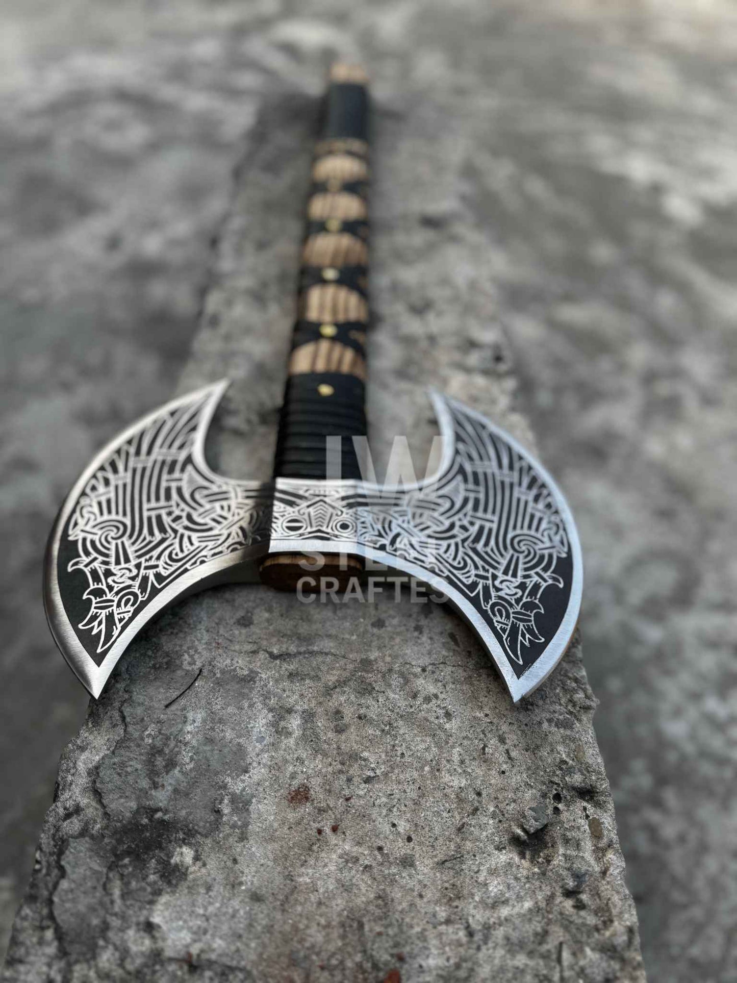 Hand Forged Double-Headed Viking Axe – Norse Engraved Battle Axe with Wooden Handle