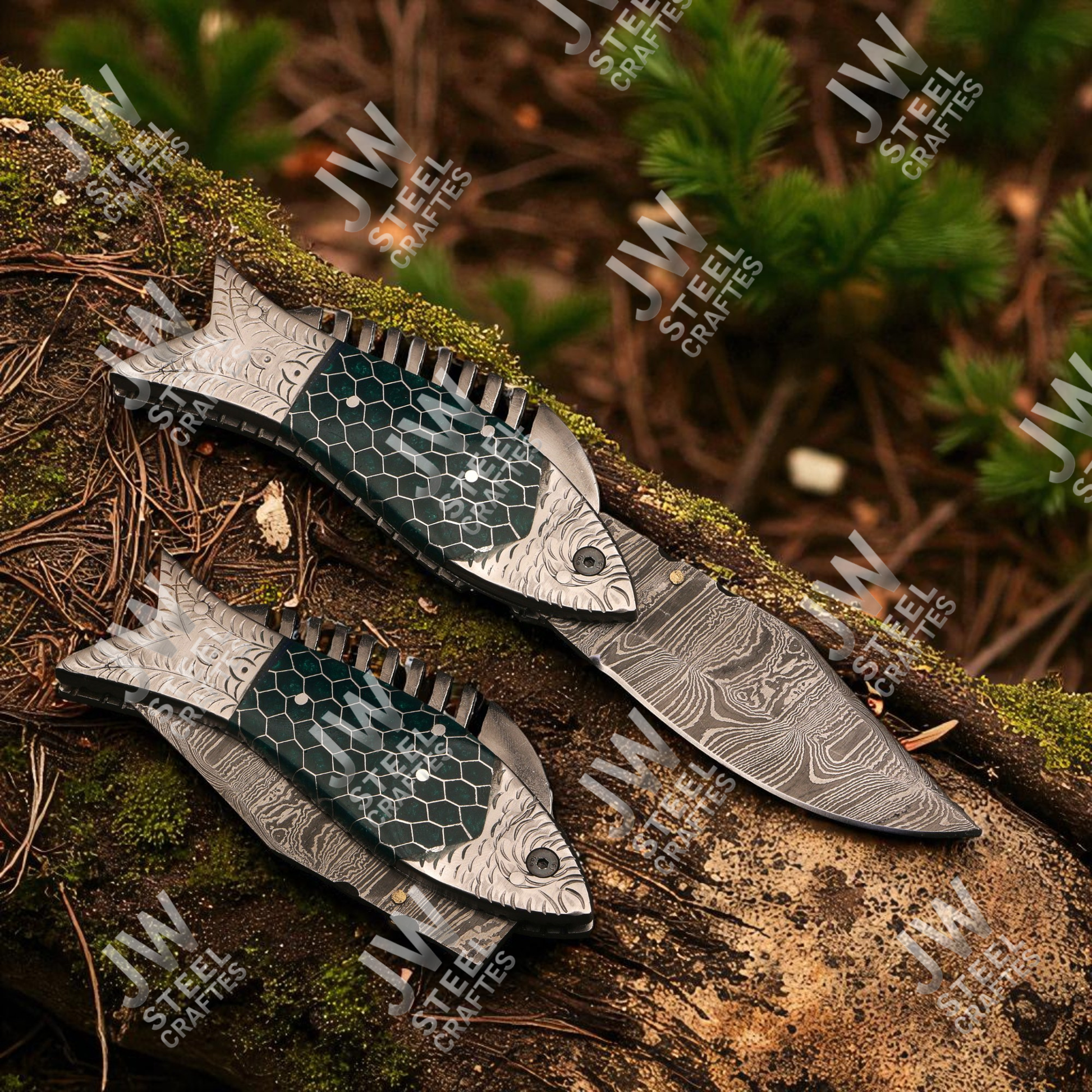 Folding knife with fish design on a wooden surface, branded 'JW Steel Crafters'.
