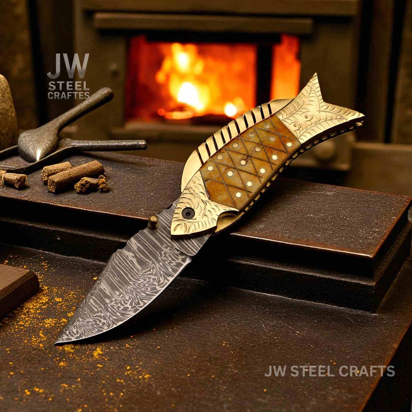 Decorative knife with gold handle and silver blade on a stone surface with a fireplace in the background, branded 'JW Steel Crafts'.