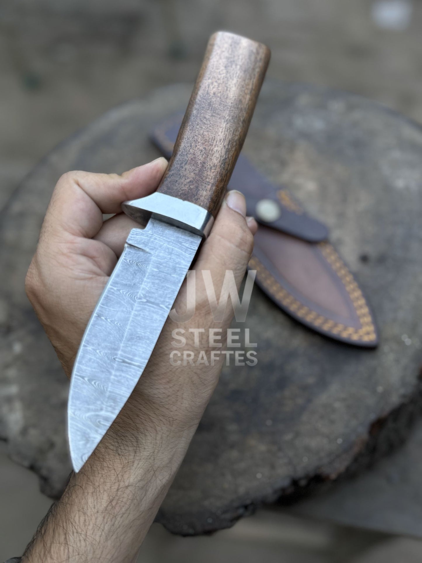 Handmade Damascus Hunting Knife with Handle Variations & Leather Sheath