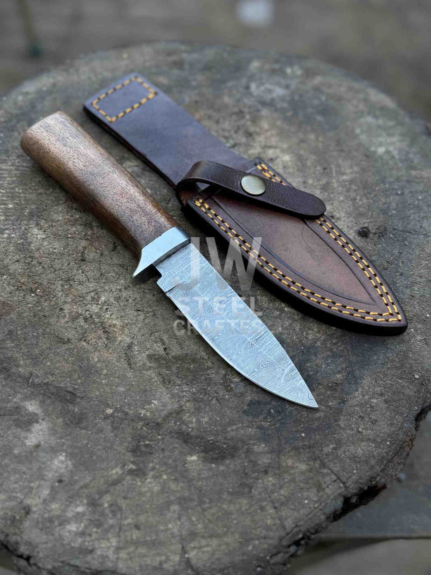 Handmade Damascus Hunting Knife with Handle Variations & Leather Sheath