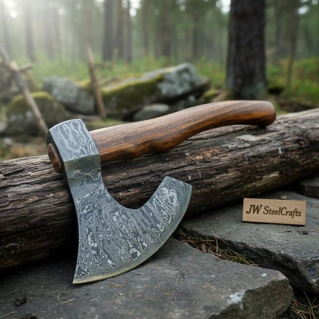     Ironbloom forged outdoor bushcraft axe with polished Damascus steel head and ergonomic wooden handle in forest scenery.
