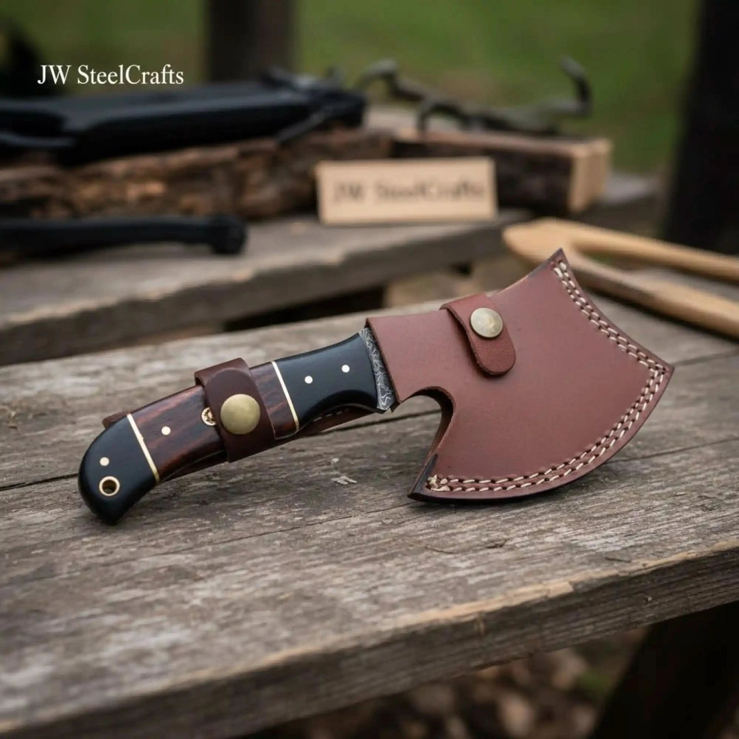     Goldpine custom Damascus outdoor camp hatchet featuring artistic steel layers and premium wooden handle on a rugged wooden table.