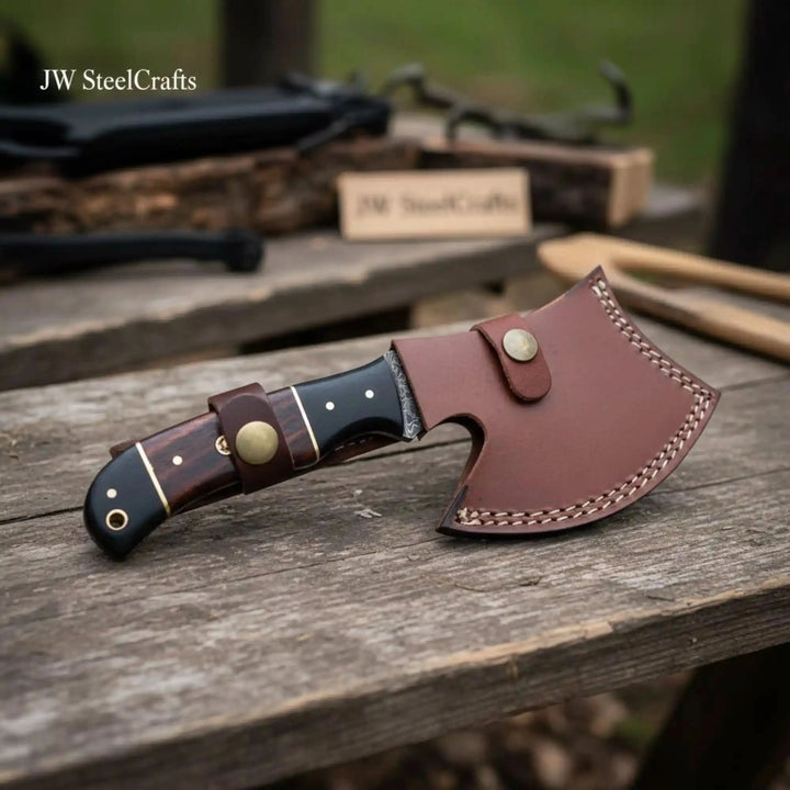     Goldpine custom Damascus outdoor camp hatchet featuring artistic steel layers and premium wooden handle on a rugged wooden table.