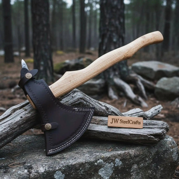     Goldspire artisan forged Viking axe featuring decorative Damascus patterns and handcrafted leather sheath outdoors.
