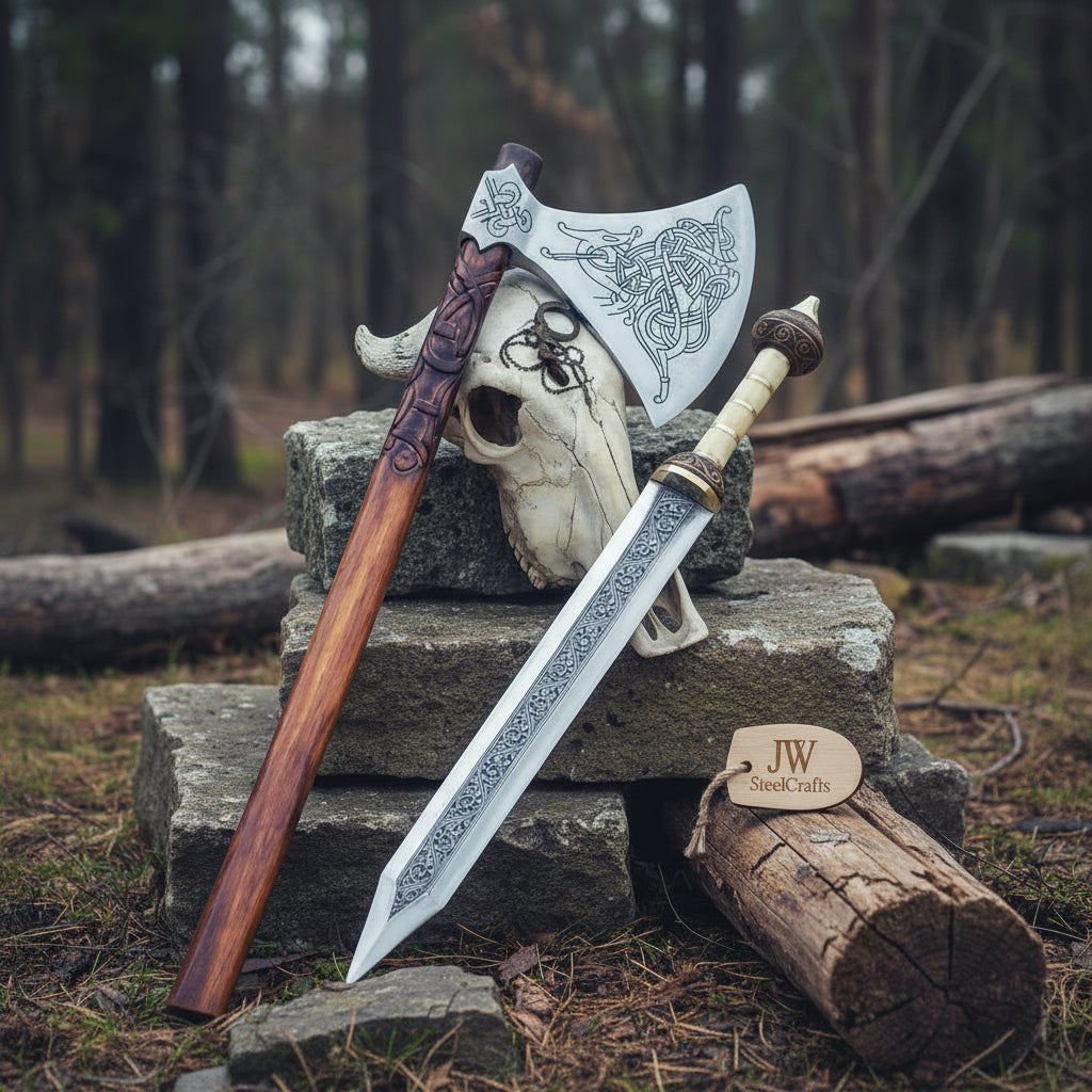 Custom Handmade Stainless Steel  Double Handed Viking axe set with Handmade Gladius piece - JW SteelCrafts