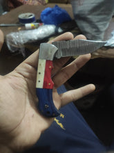 Load image into Gallery viewer, Pattern welded damascus steel folding knife with American flag handle