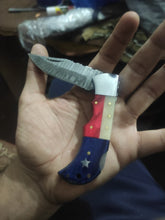 Load image into Gallery viewer, Pattern welded damascus steel folding knife with American flag handle