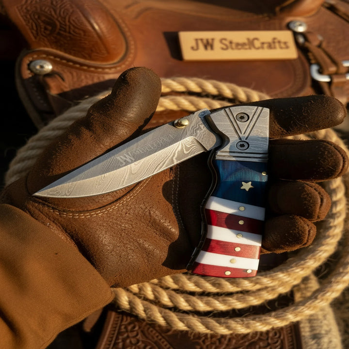Patriot Damascus Folding Knife with Leather Sheath
