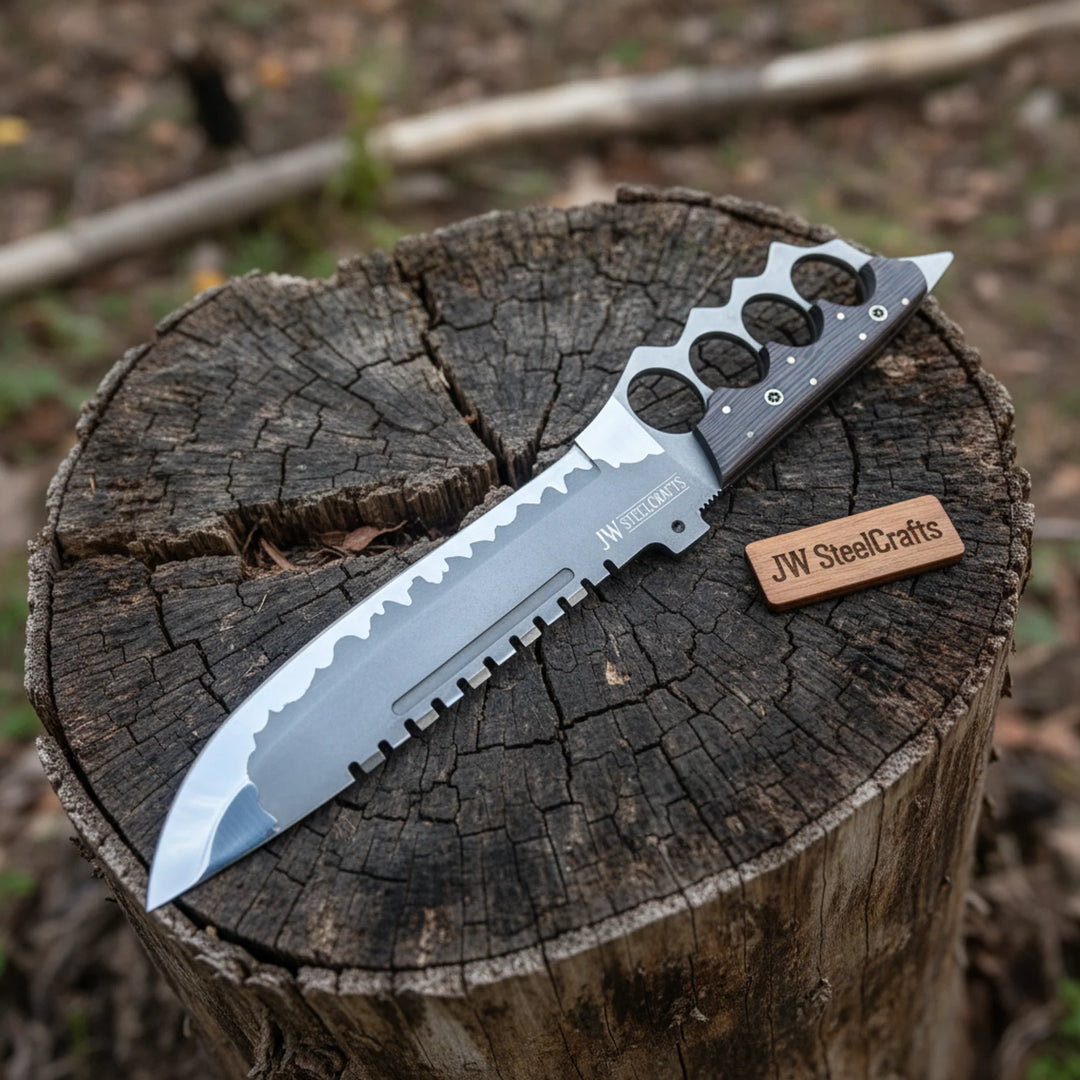 14-Inch High Carbon Steel Combat Knife — Acid Etched Tanto Blade, Knuckle Duster Guard &amp; Wenge Wood Handle