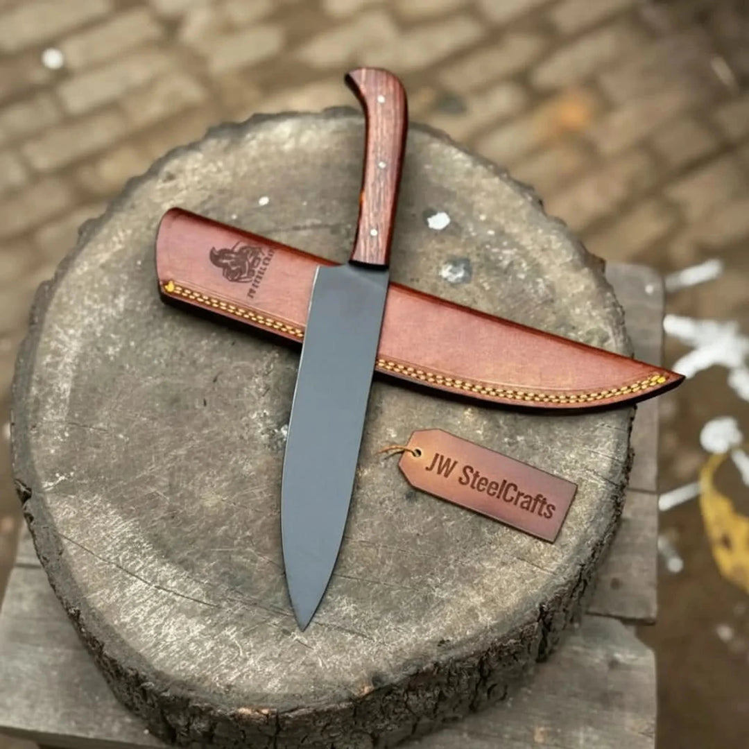 Black Blade Chef Knife Full Tang with Custom Handle &amp; Leather Sheath