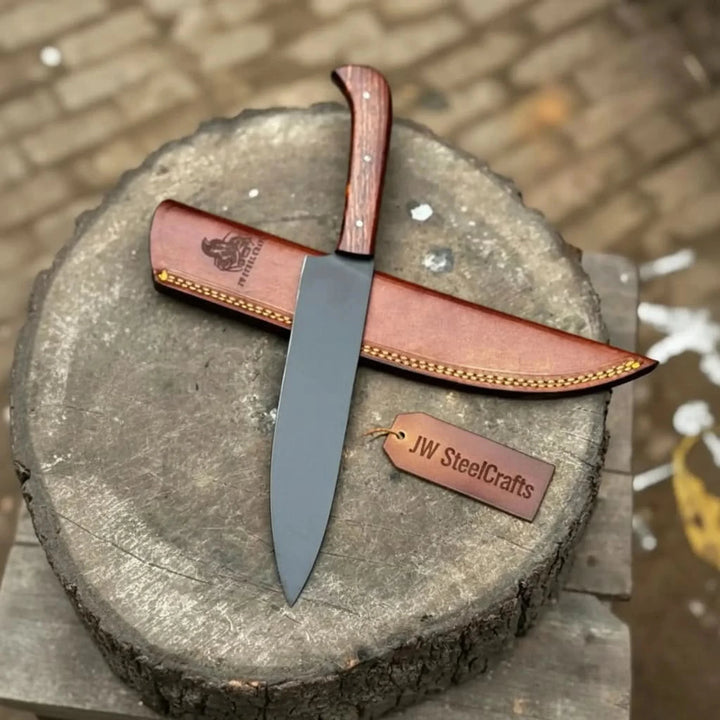 Black Blade Chef Knife Full Tang with Custom Handle &amp; Leather Sheath