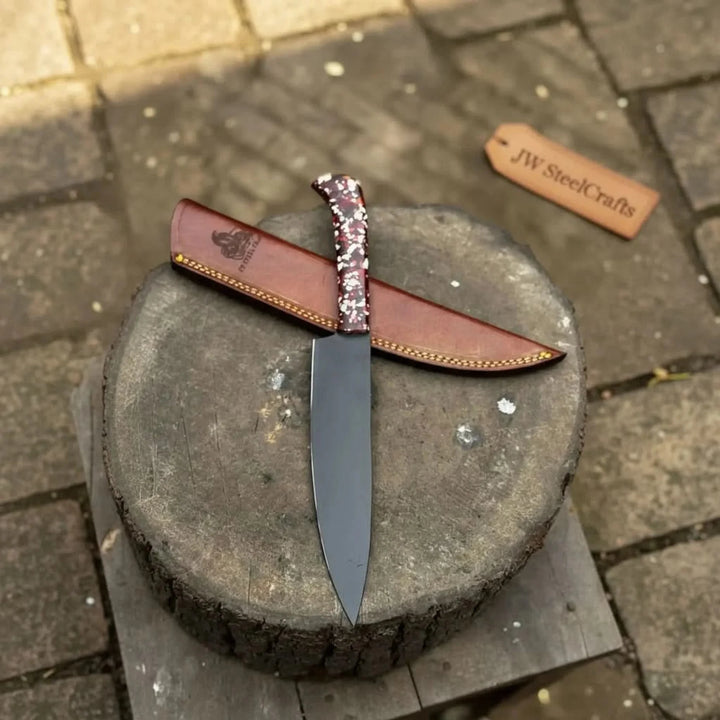Black Blade Chef Knife Full Tang with Custom Handle &amp; Leather Sheath