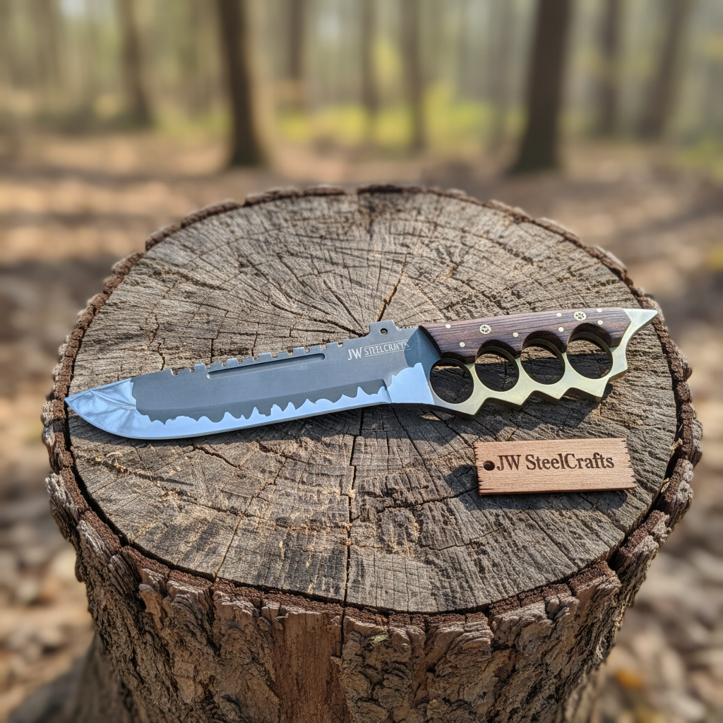14-Inch High Carbon Steel Combat Knife — Acid Etched Tanto Blade, Knuckle Duster Guard &amp; Wenge Wood Handle
