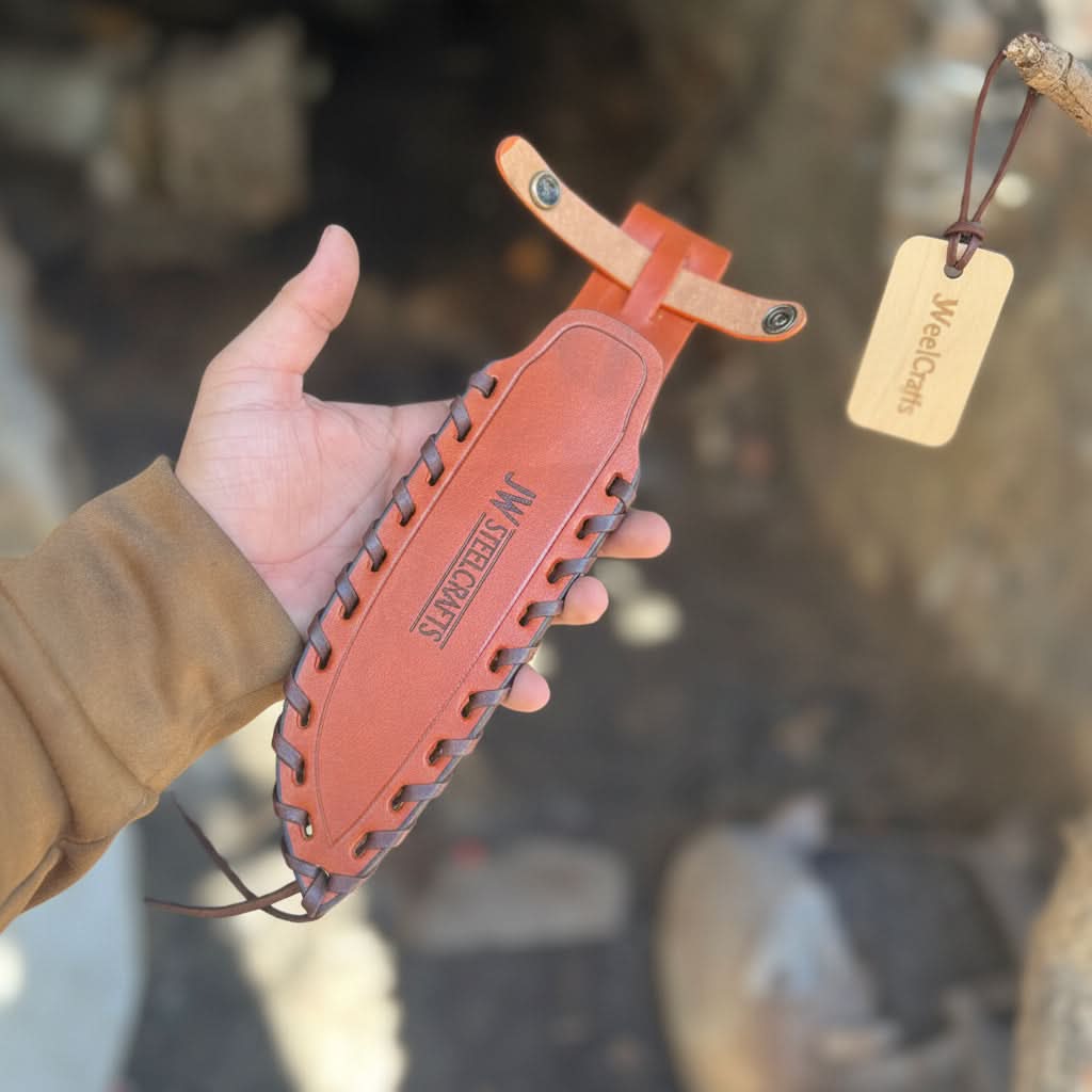 10-Inch Hammered Spear Point Survival Knife — Ram Horn Black Resin Handle, Tiger Engraved Copper Bolster &amp; Leather Sheath