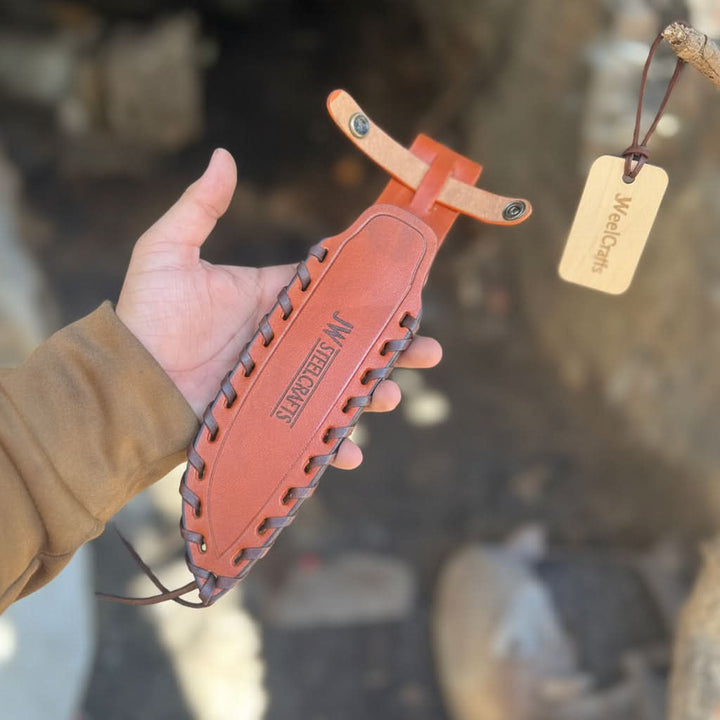 10-Inch Hammered Spear Point Survival Knife — Ram Horn Black Resin Handle, Tiger Engraved Copper Bolster &amp; Leather Sheath