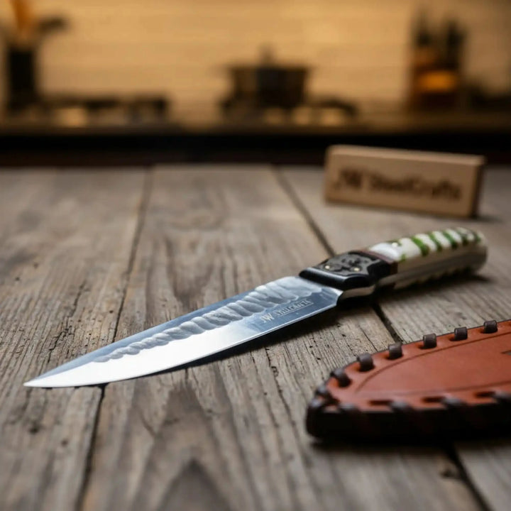 10-Inch Hammered Spear Point Survival Knife — Ram Horn Black Resin Handle, Tiger Engraved Copper Bolster &amp; Leather Sheath