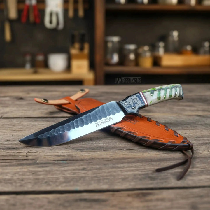 10-Inch Hammered Spear Point Survival Knife — Ram Horn Black Resin Handle, Tiger Engraved Copper Bolster &amp; Leather Sheath