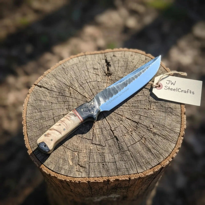 High Carbon Steel Fixed Blade Knife — Hammered Drop Point Blade, Ram Horn &amp; Black Resin Handle
