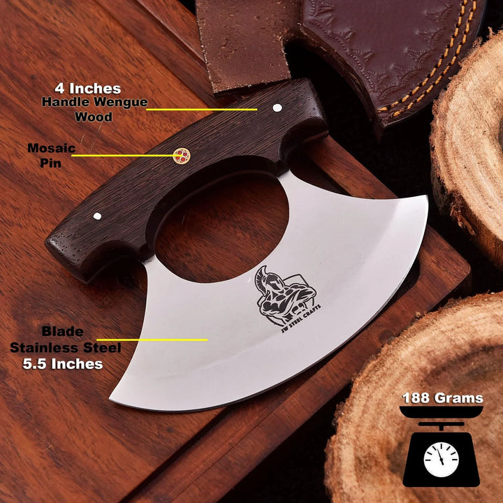Mezzaluna Style Ulu Knife 9.5" Handmade Wenge Wood Stainless Steel Blade