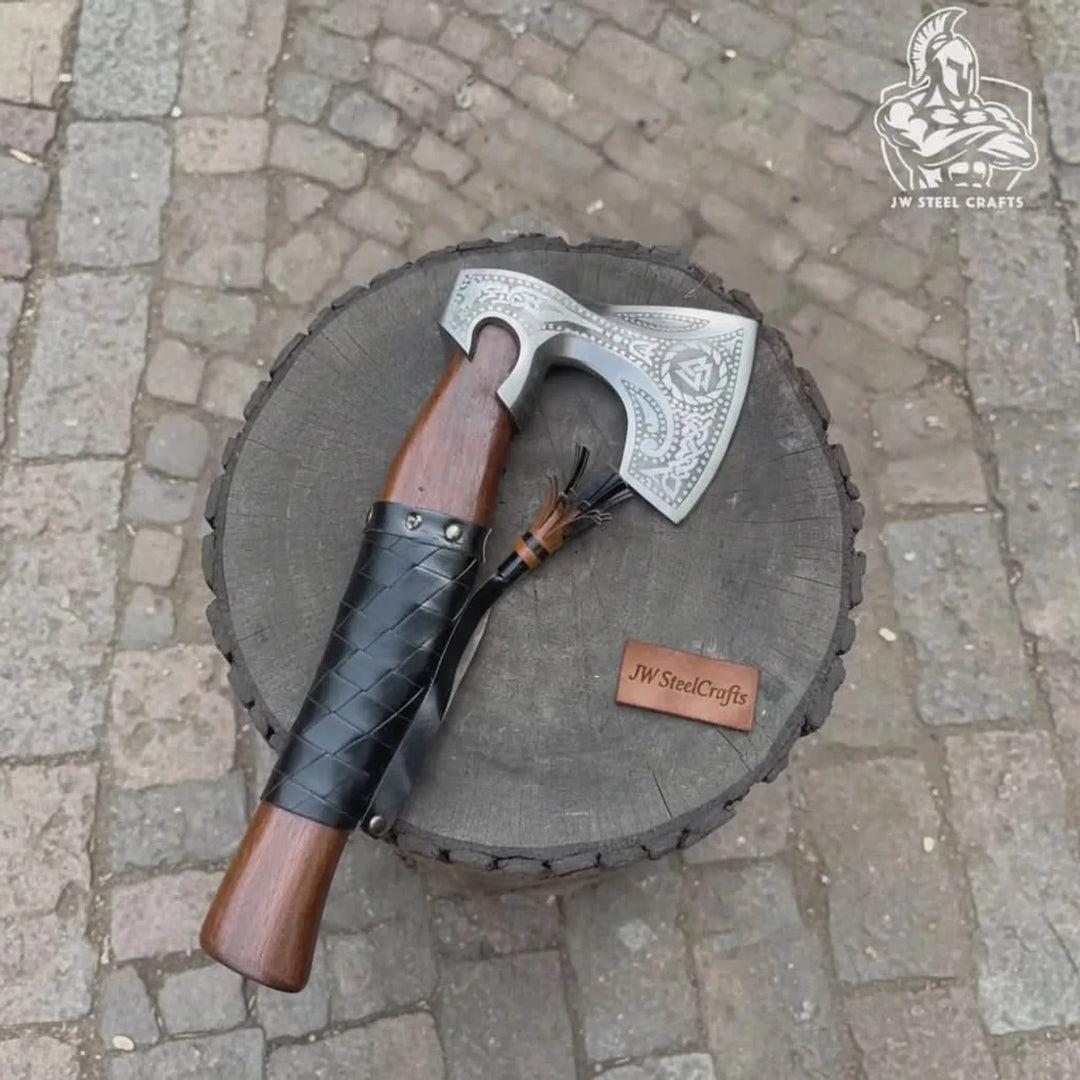 Viking Axe with Leather Wrapped Handle &amp; Engraved Head – JW SteelCrafts