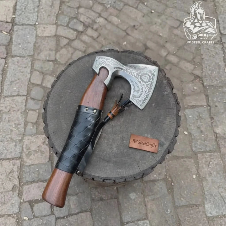 Viking Axe with Leather Wrapped Handle &amp; Engraved Head – JW SteelCrafts