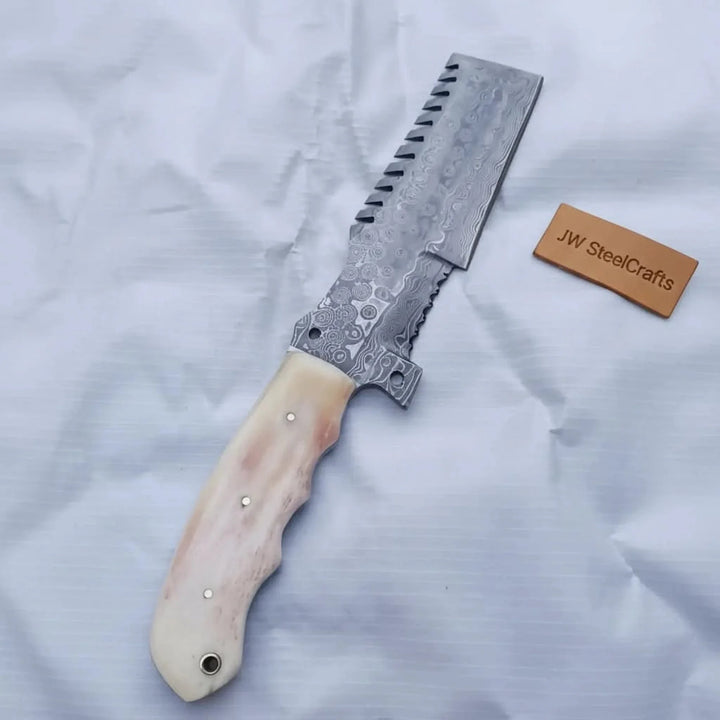Handmade Damascus Tracker Knife with Bone Handle, Fixed Blade Bushcraft Survival Knife