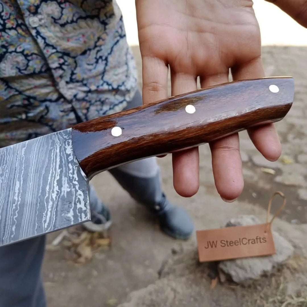 12-Inch Serbian Damascus Cleaver — Rosewood Handle &amp; Leather Sheath