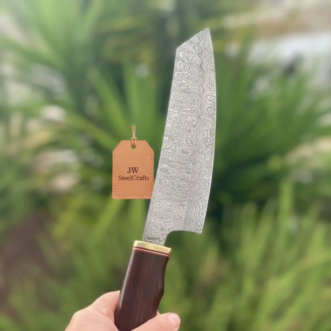 8” Ladder Pattern Damascus Gyuto Chef Knife with Rosewood Handle &amp; Brass Bolster