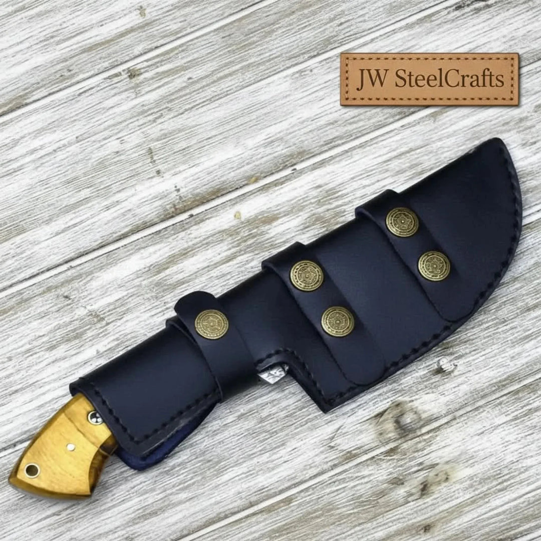 tracker knife Custom, 10", DAMASCUS KNIFE, Damascus steel knife, hunting, exotic Yellow Heart &amp; Walnut wood handle, leather sheath