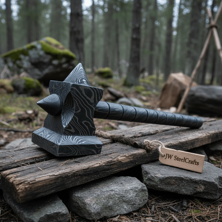Sculpted Damascus Steel War Hammer 12" Handmade Full Damascus Collectible Piece