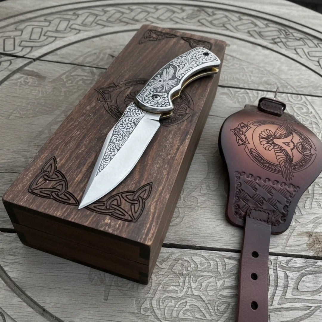 Hand Engraved Folding Knife — Eagle Motif Stainless Steel Scales, Mirror Polish Blade, Liner Lock, Wooden Box &amp; Viking Rune Bracelet