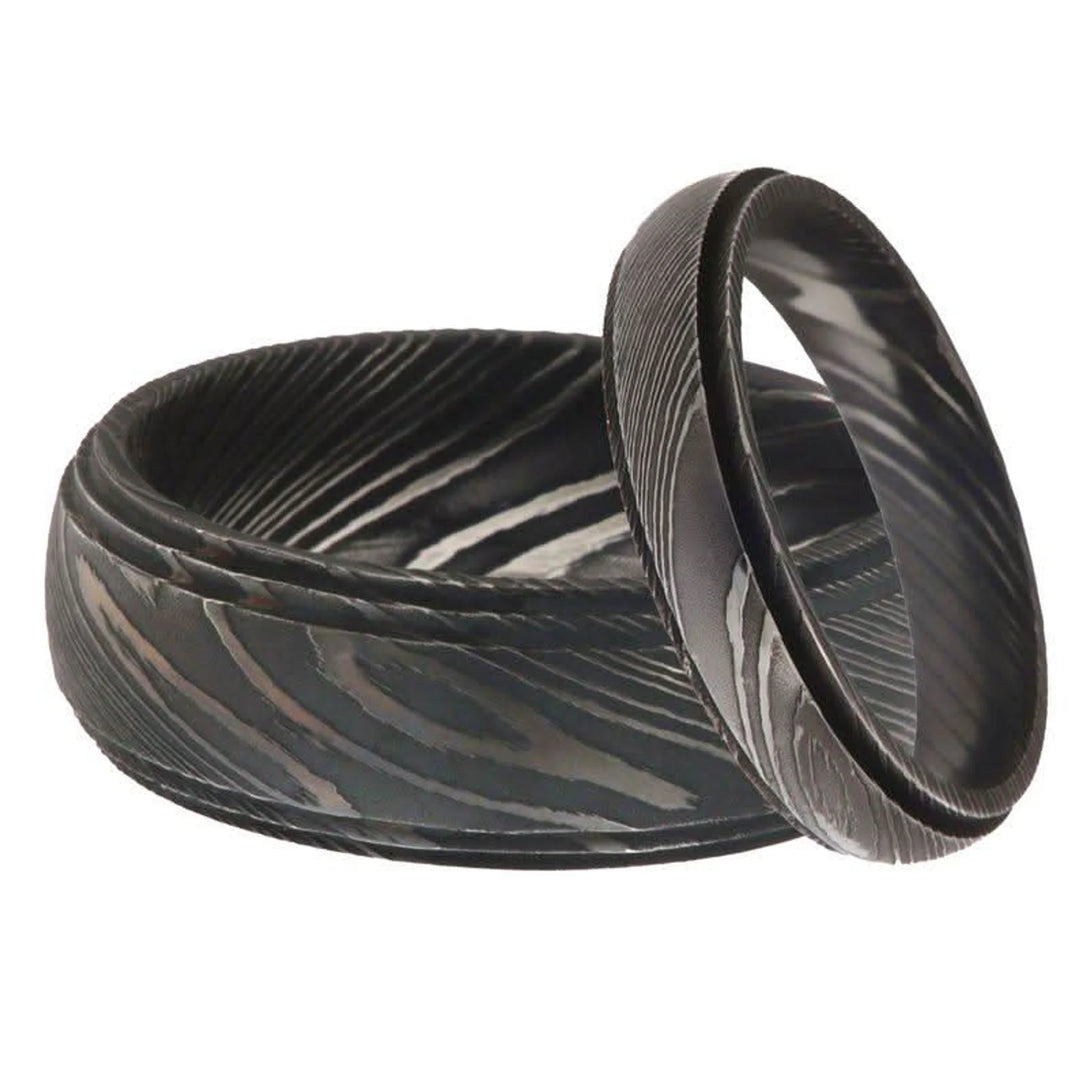 Damascus Steel Wedding Band Set with Wide and Slim Black Rings