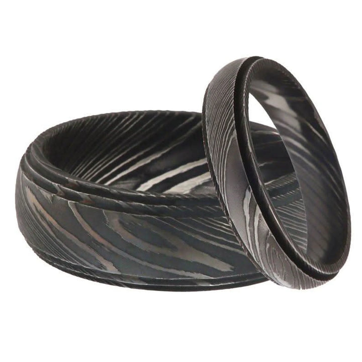 Damascus Steel Wedding Band Set with Wide and Slim Black Rings