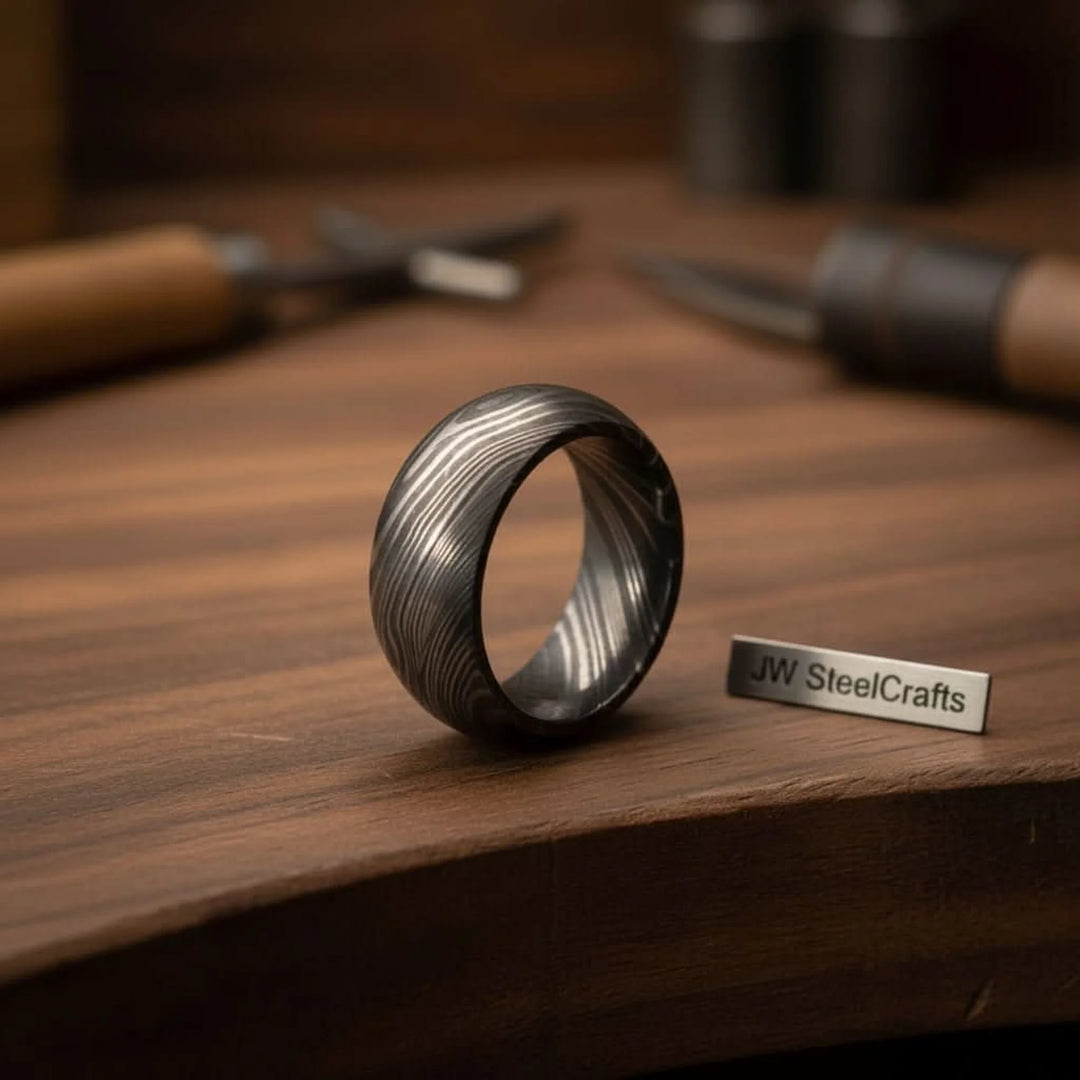 Domed Twist Damascus Wedding Band with Diagonal Spiral Pattern